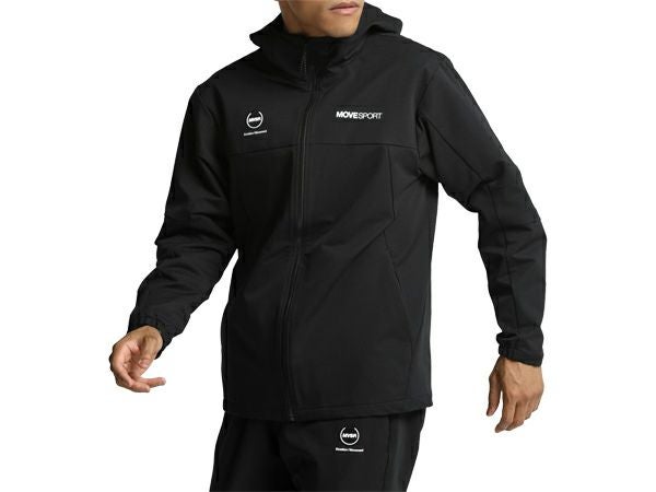 デサントDESCENTEHEATNAVIヒートナビソフトシェルバックロゴフルジップフーディーメンズ秋冬ブラック黒スポーツトレーニングパーカージャケットDMMWJF13-BK