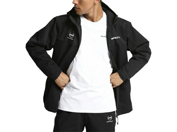 デサントDESCENTEHEATNAVIヒートナビソフトシェルバックロゴフルジップフーディーメンズ秋冬ブラック黒スポーツトレーニングパーカージャケットDMMWJF13-BK