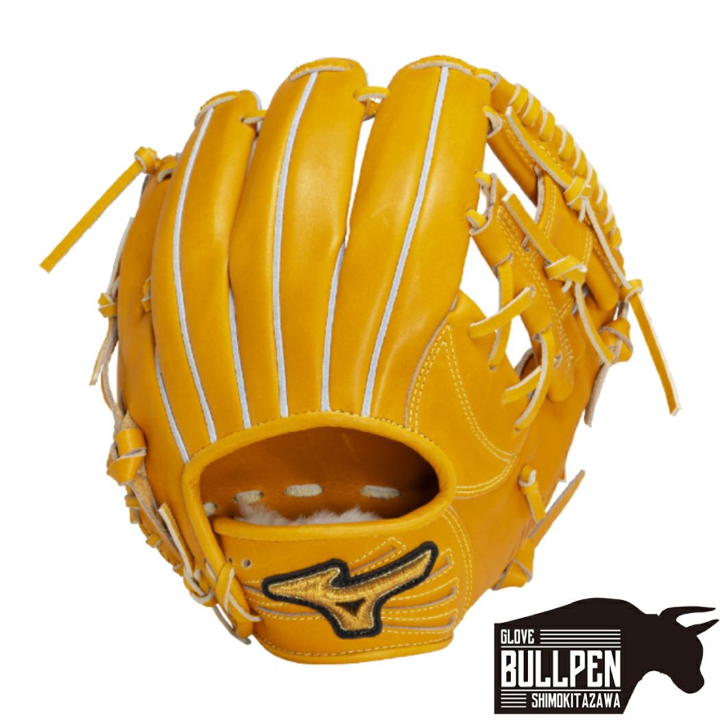 最終値下げ　ミズノプロ　波賀ジャパン　軟式オーダーグローブ 収納袋、箱付き MIZUNO (ミズノ) 軟式グローブ イエロー×パープル ケース付 ミズノプロ