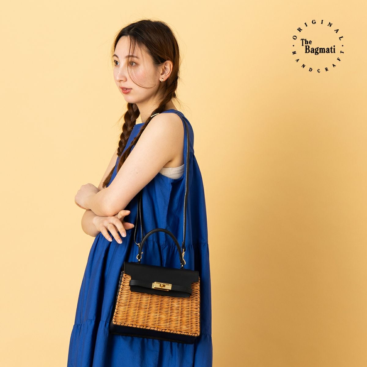 バグマティ ラタン×レザー スクエアハンドバッグ 籐 取り外し可能