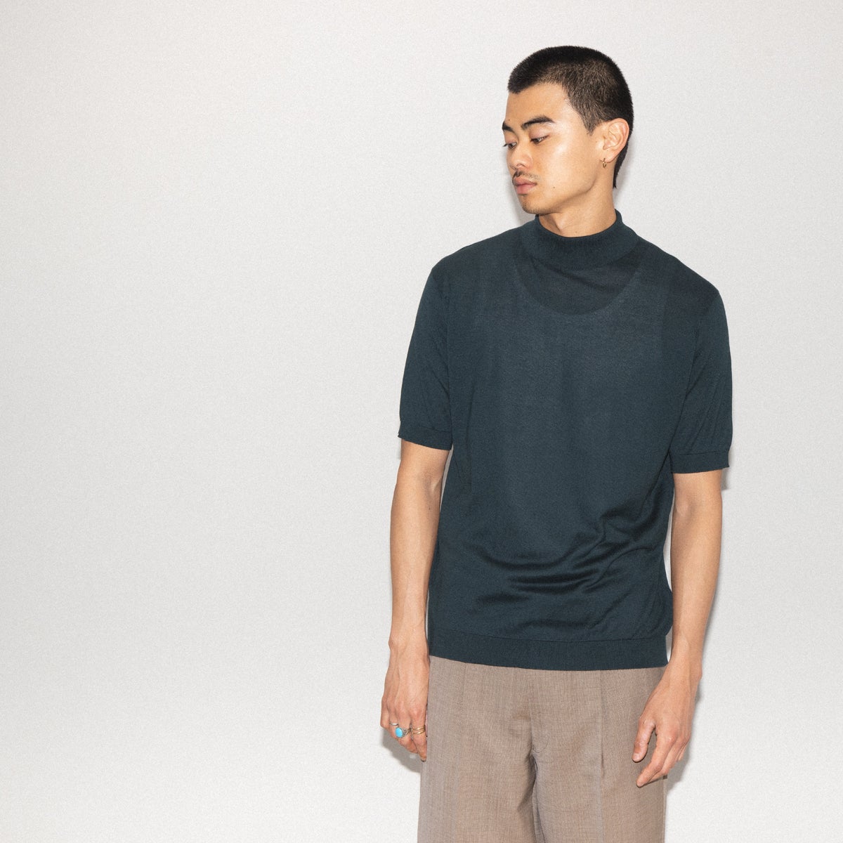 ジョンスメドレー モックネック半袖コットンニットTシャツ ARBER JOHN