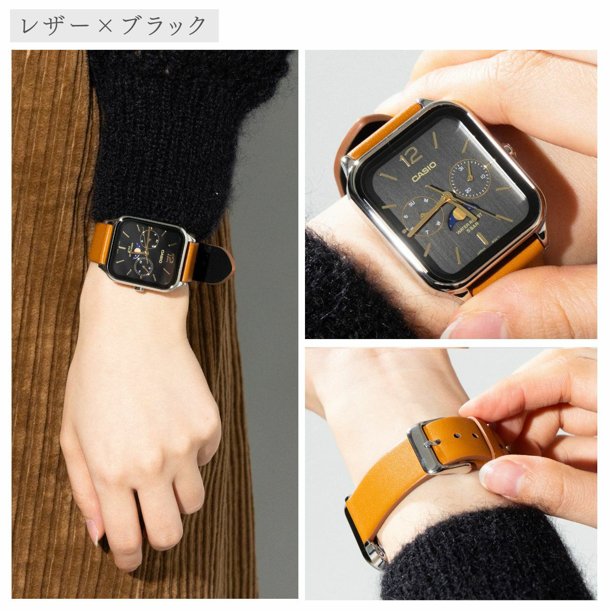 カシオ ムーンフェイズ 腕時計 シルバーバンド レザーバンド 本革 防水